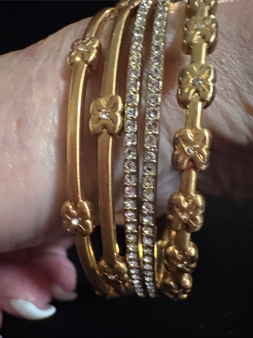 Pink Gold Floral Stackable Bangle Bracelet set with Crystal Accents